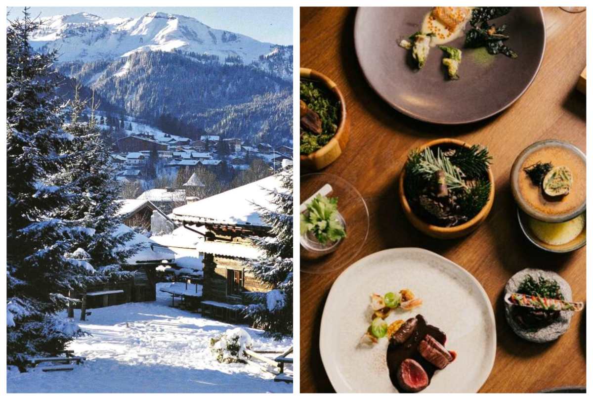 The view of the mountains from Les Fermes de Marie hotel in Megève and a spread of Savoyard dishes at MICHELIN-Starred La Table de l'Alpaga. © Les Fermes de Marie, La Table de l'Alpaga