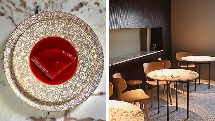 Seasonal fruit, dried fruit and alcohol-soaked ingredients form BAMBAKUN’s Crêpes Suzette (left). Intentionally restrained interiors ensure attention settles on the plate (right). © BAMBAKUN