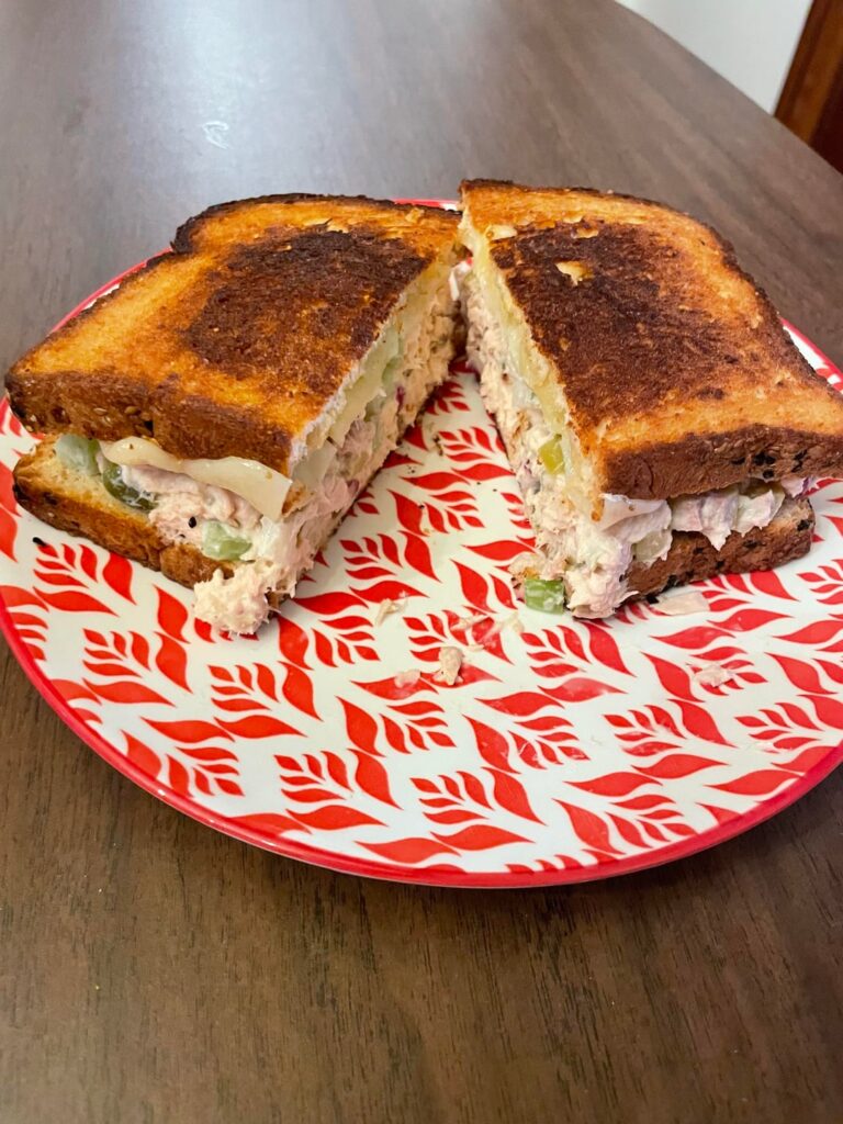 Tuna Melt! Sharp Cheddar, Gruyère, pickled, jalapeño, green olive, radish, celery on multigrain toast