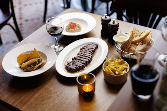 Yugo F1 MB3 280g wagyu sirloin, beef tartare and chicken-liver parfait with rosé jelly.
