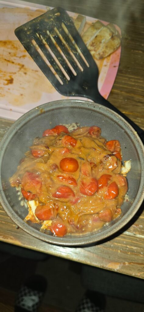 coconut chicken tonato and carneluzed onion thing