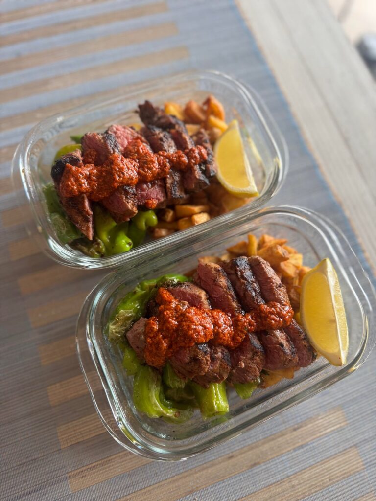 Spanish-Style Steak & Crispy Fried Potatoes with Shishito Peppers, Romesco Sauce & Paprika Aioli