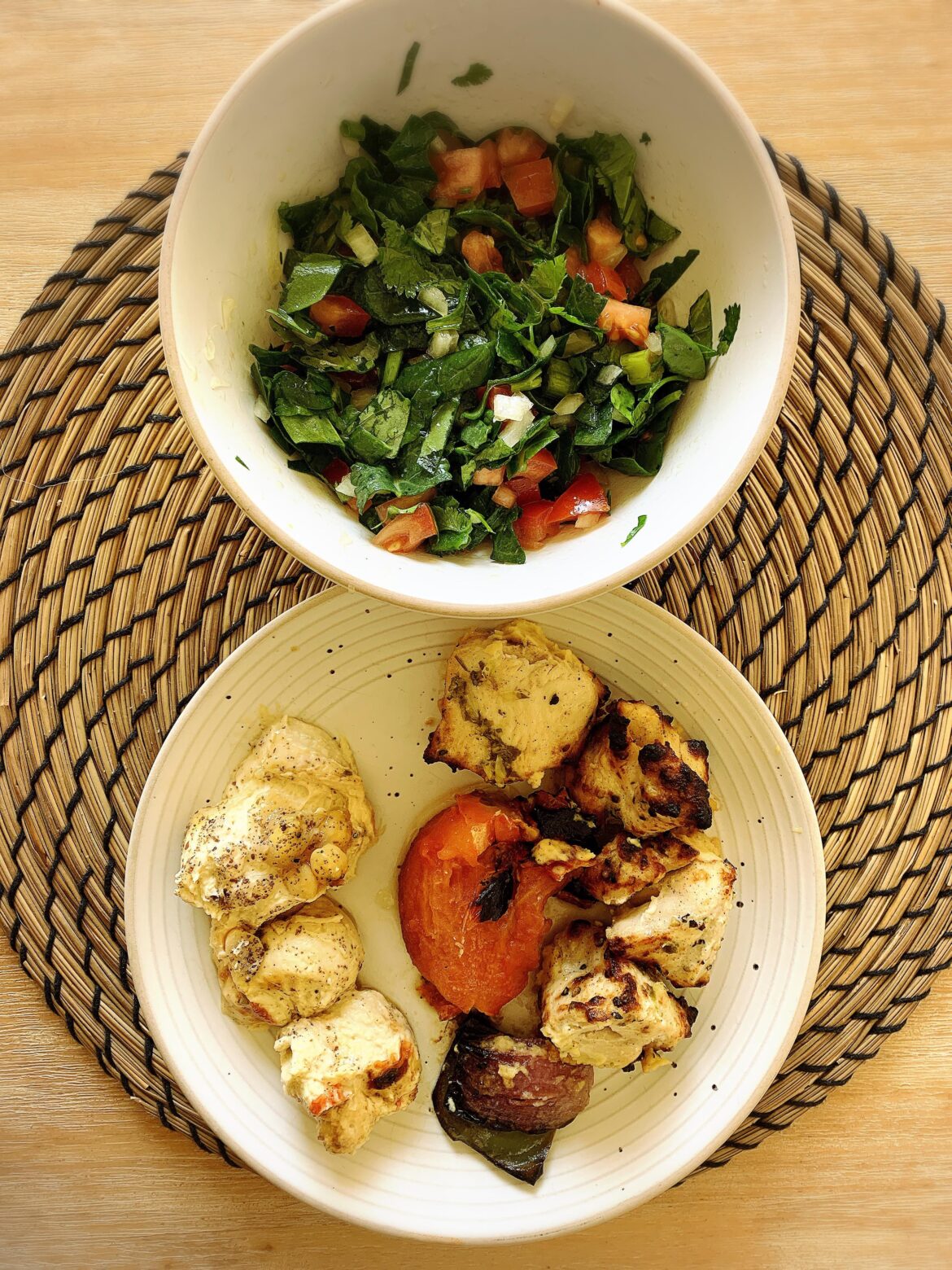 Mediterranean Lunch with Chicken Kabab, Hummus, Salad, Grilled Veg