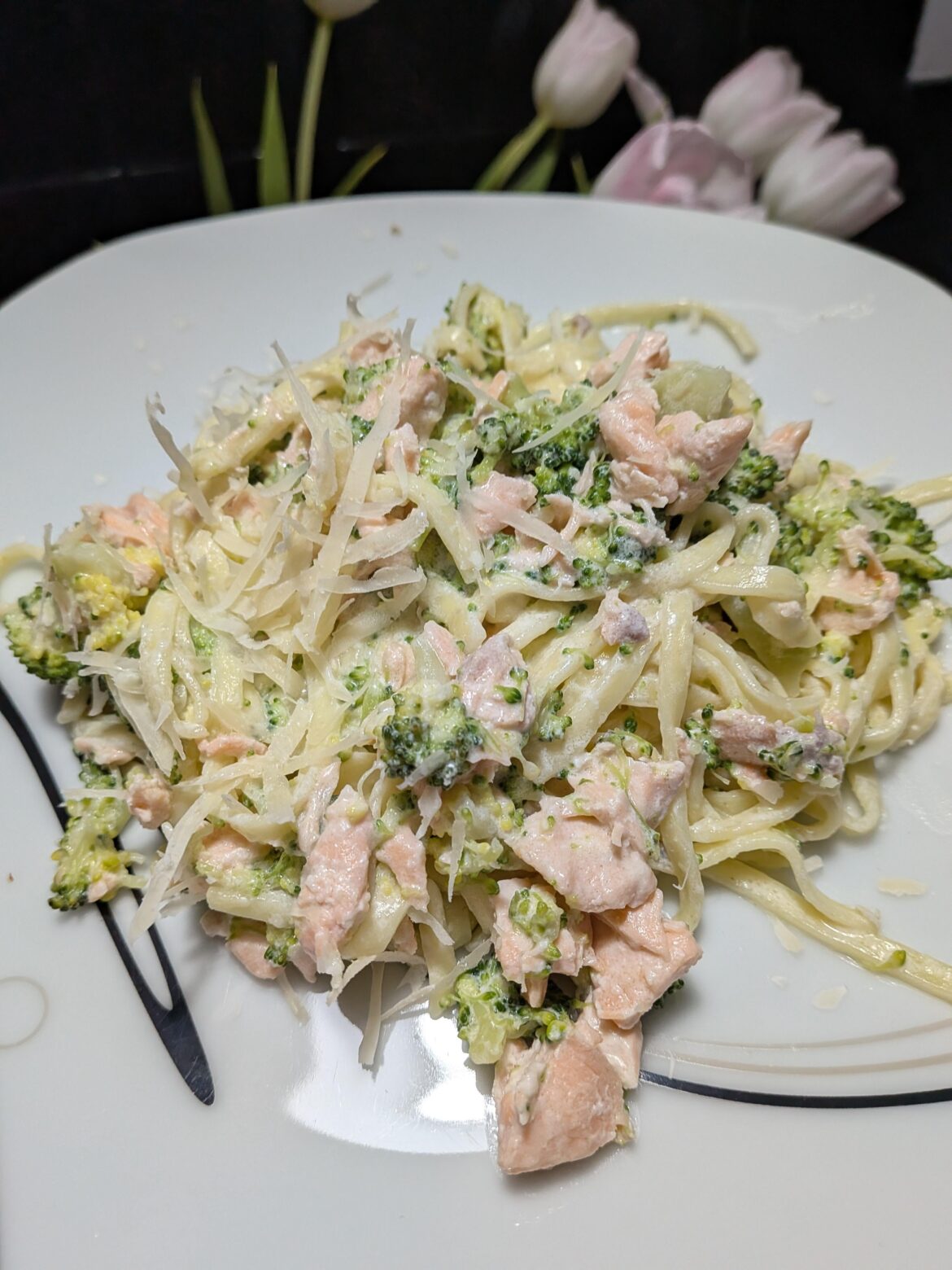 Salmon and broccoli noodles in a creamy sauce