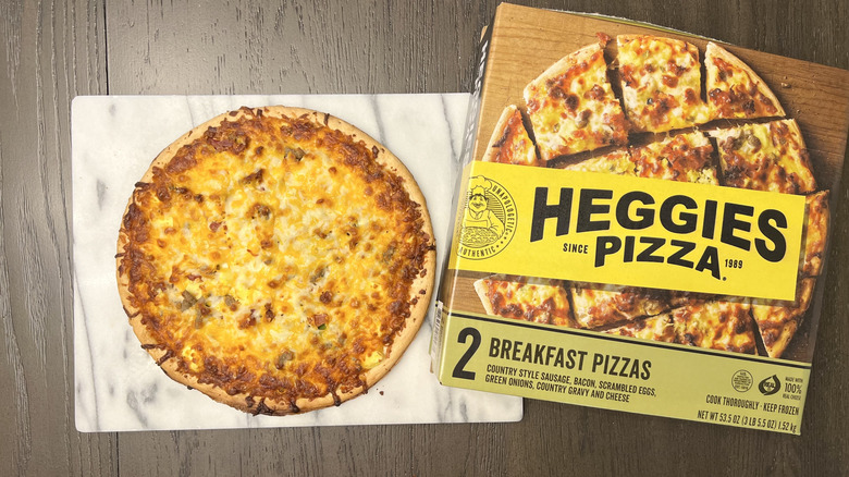 Costco Heggies breakfast pizza on serving platter.