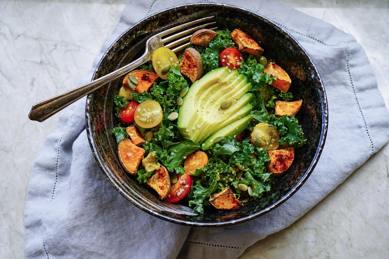 kale, roasted yams and avocado salad