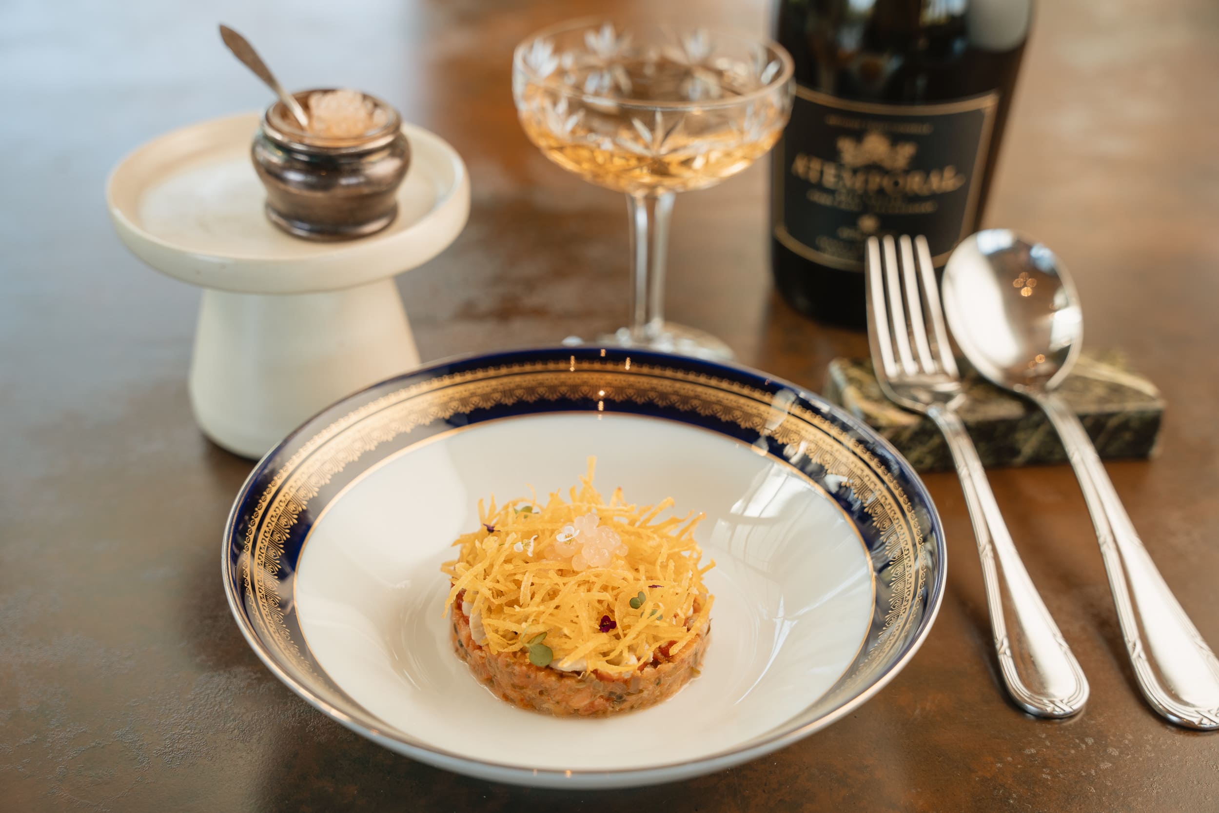 Sparkling wine is a perfect pairing for trout tartare. © Alta Vista Winery