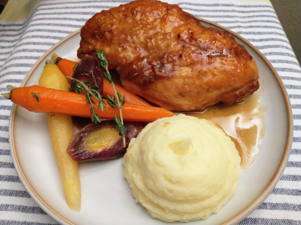 Pan Seared Chicken Breast with Pan Sauce, Glazed Carrots, and Mashed Potatoes