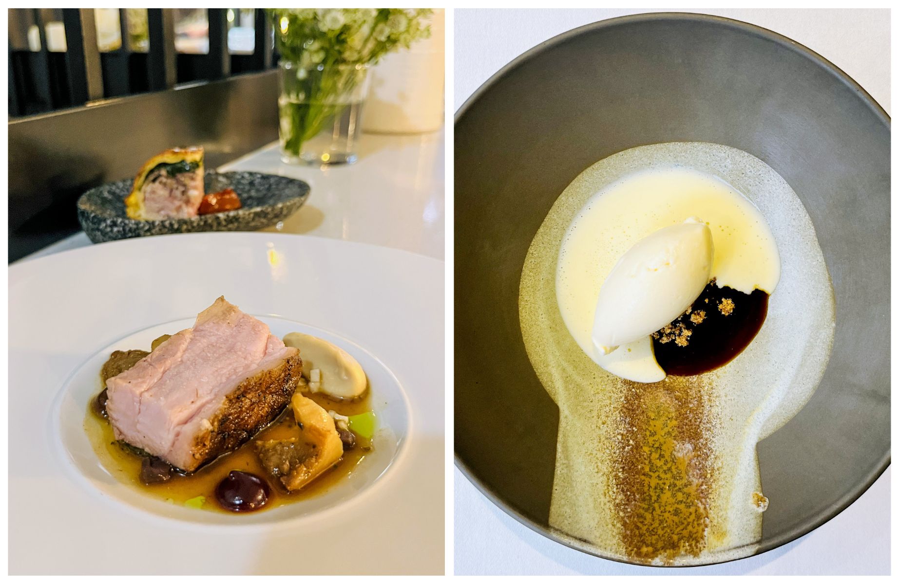 The suckling pig and brown sugar pudding dishes that our Inspector enjoyed. © Sandy Wyer/Forest Avenue