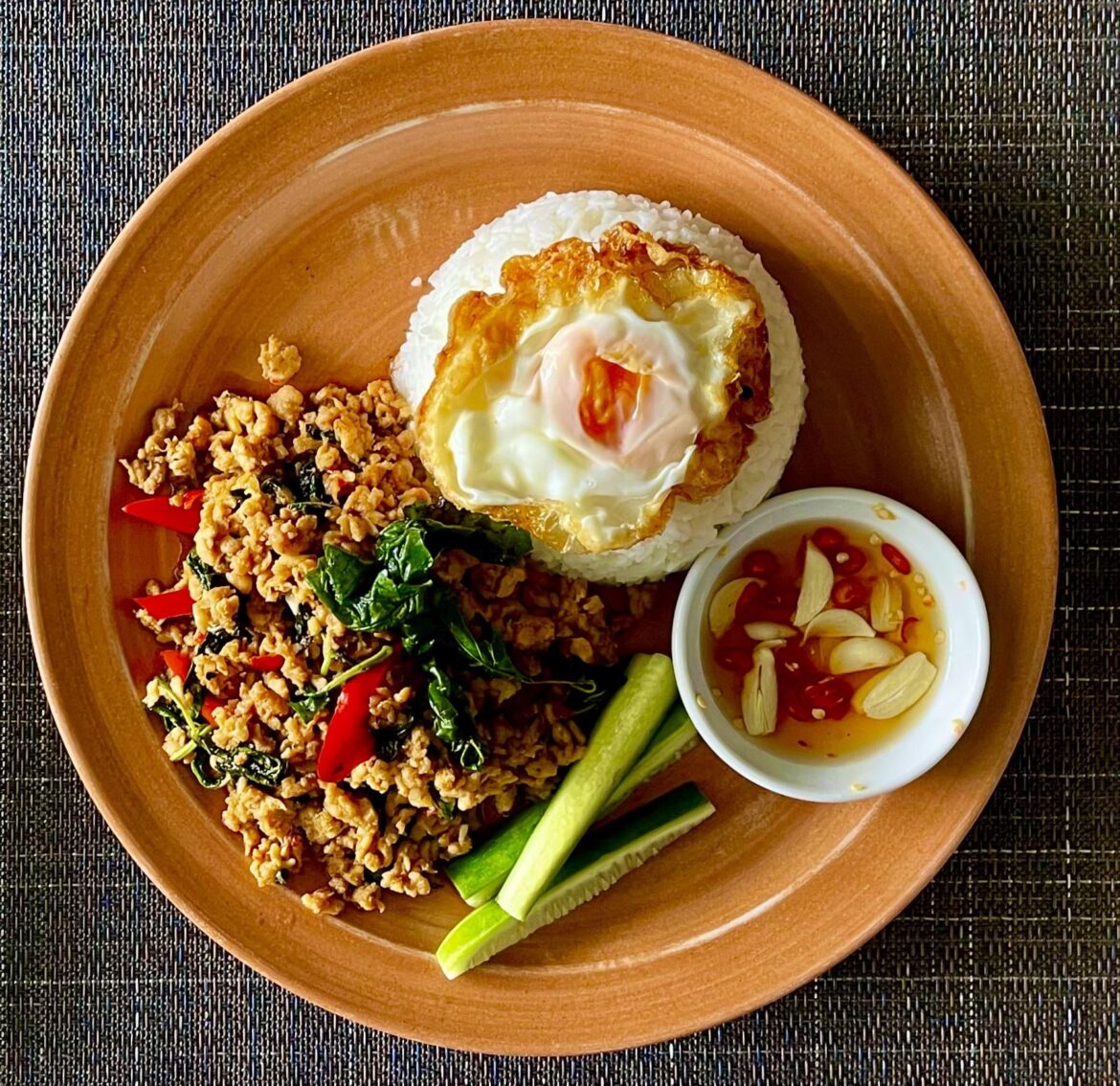 Pad Kra Pao with Crispy Fried Egg and Nam Pla Prik