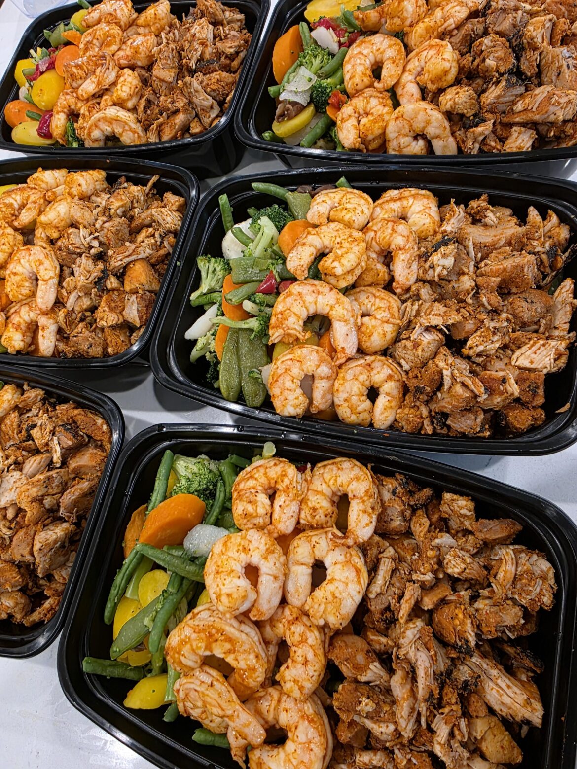 Surf n Turf! Meal prep for this week is two pounds of chipotle chicken and Kirkland shrimp with taco seasoning. The rest of the containers are filled with stir fry vegetable medley also from Kirkland