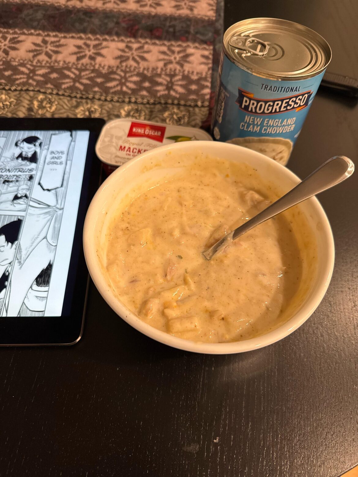 Boy dinner (clam chowder and mackerel)