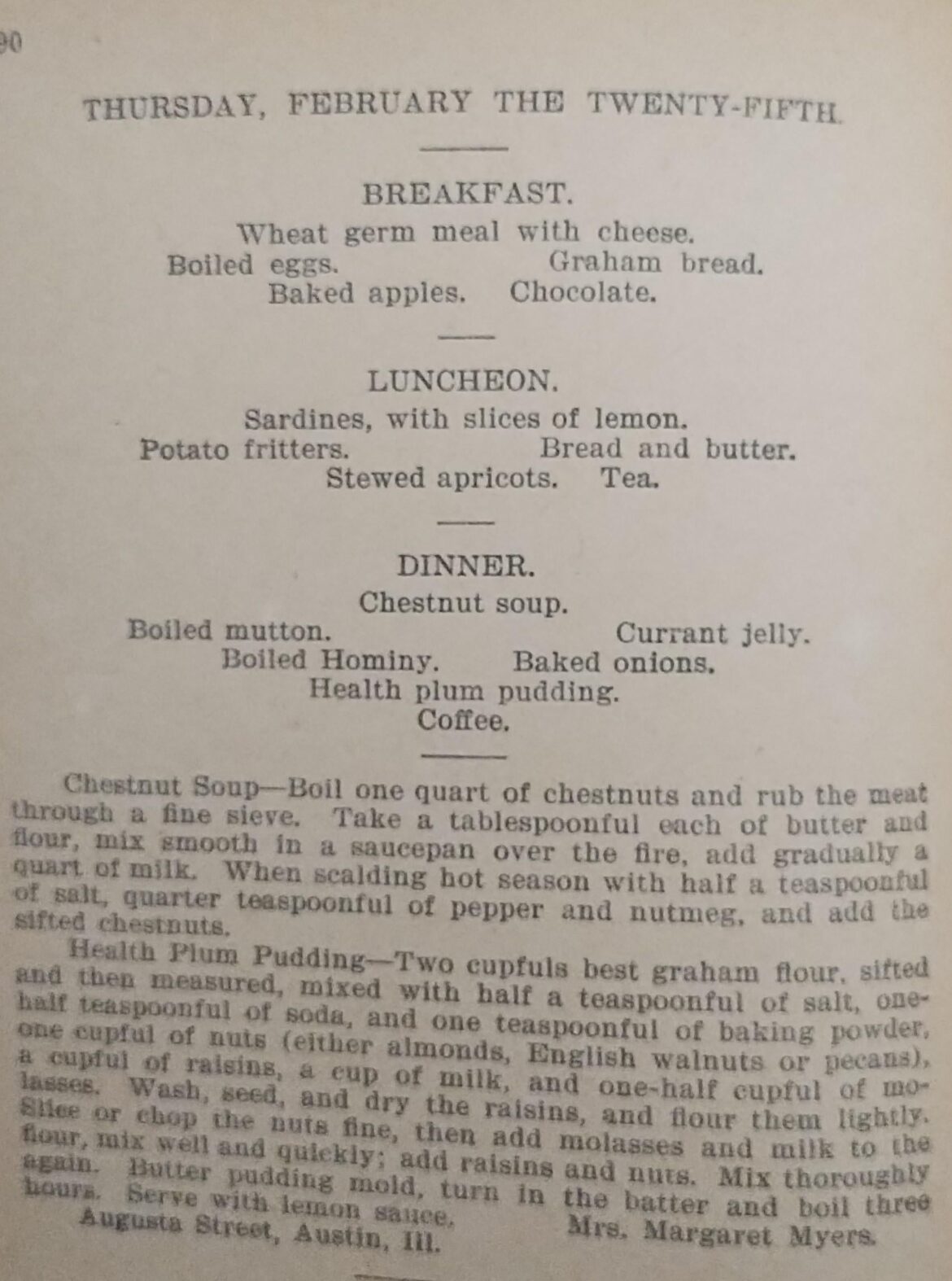 Menu February 25th 1896