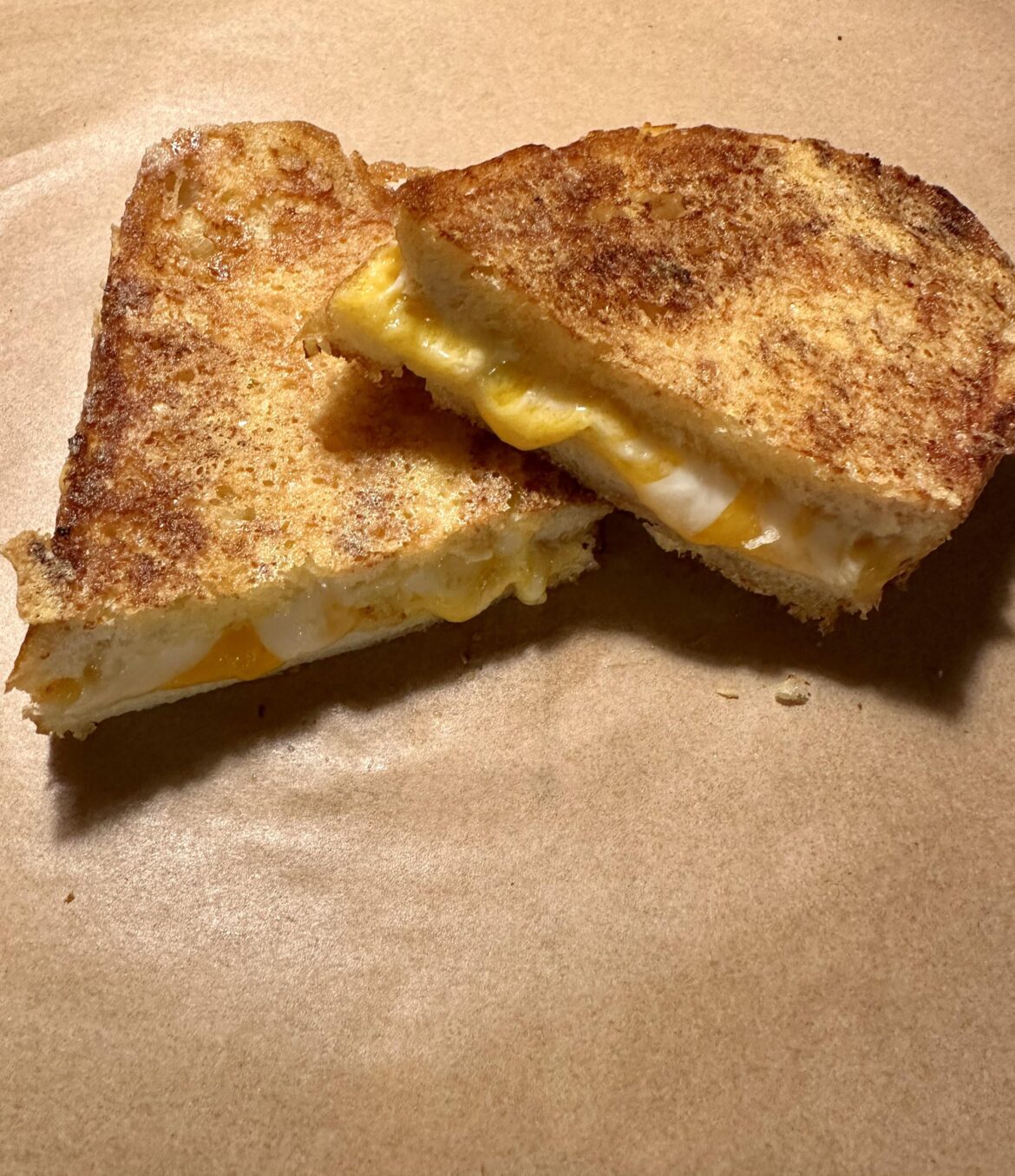 Sourdough bread with cheddar, mozzarella, and a Parmesan crust