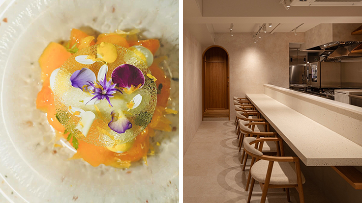 Citruses such as Himekoharu, Shiranui and Hassaku with amazake gelato, served with a disc of hard candy (left). A calm, white-toned interior designed for unhurried comfort (right)   © Haruka Murooka