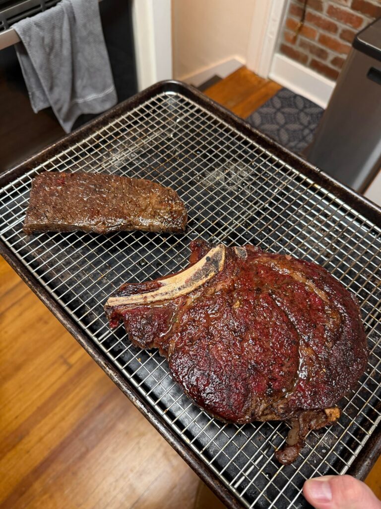 Smoked ribeye with herb/marrow compound butter and a wagyu Denver steak.