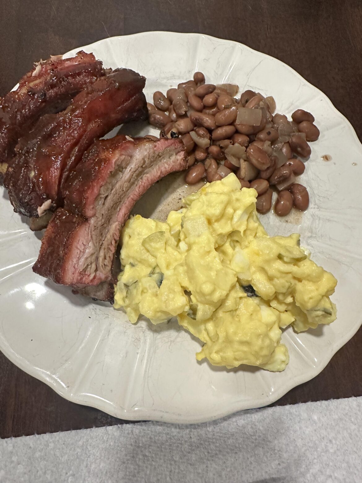 Ribs, potato salad, beans