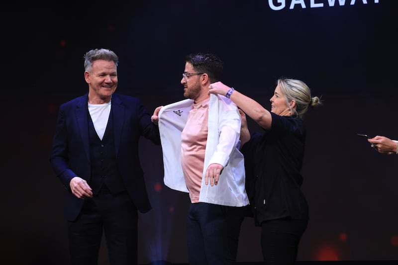 Vagiotis (centre) on stage with Gordon Ramsay. Photograph: Dara Mac Dónaill