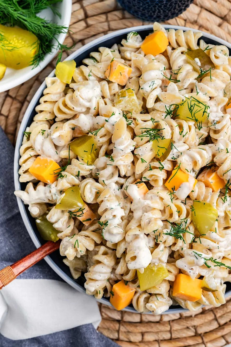 Dill pickle pasta salad in a serving bowl.