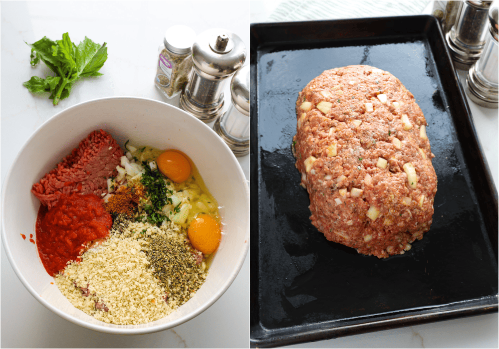 Some of the steps to making Italian meatloaf. Combine the ground beef, ground pork, onions, garlic, Italian seasoning, eggs, Panko breadcrumbs, half the fresh basil, salt, freshly ground black pepper, and half the marinara sauce. Shape the mixture into a loaf on a baking sheet.
