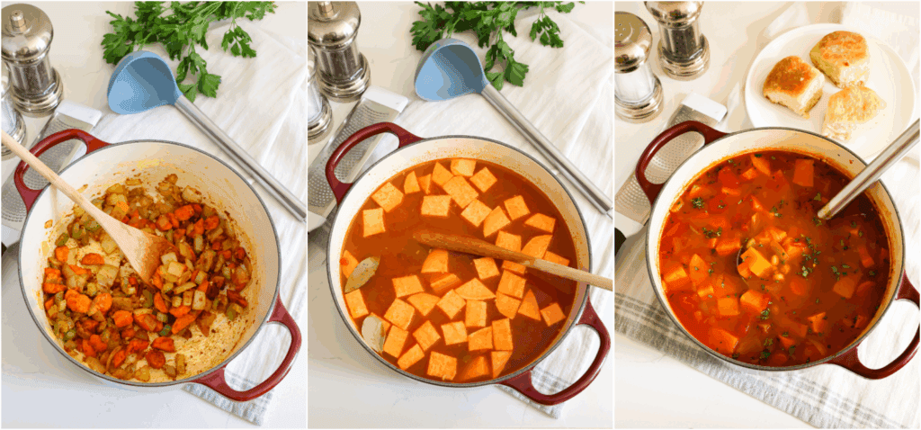 Some of the steps to making chickpea soup. Cook the onions, celery, and carrots in a little olive oil over medium heat until the onions and celery are soft.
Reduce the heat to low and cook the garlic and other spices for a minute while stirring. Stir in the vegetable broth, tomatoes, chickpeas, sweet potatoes, and bay leaves. Bring the soup to a boil. Then reduce the heat and simmer until the sweet potatoes and carrots are tender.