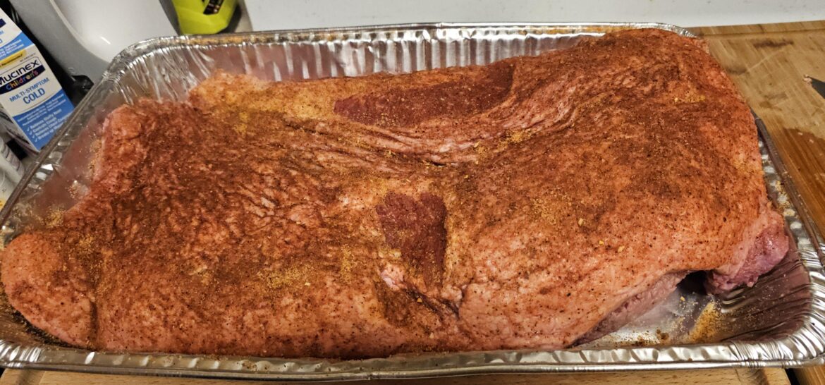 21lb brisket and some lamb on my XL