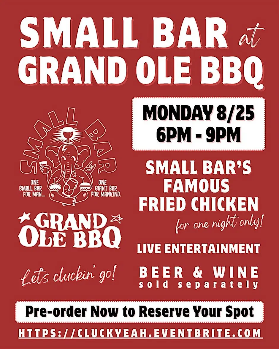 Flyer for Small Bar pop-up at Grand Ole BBQ in North Park