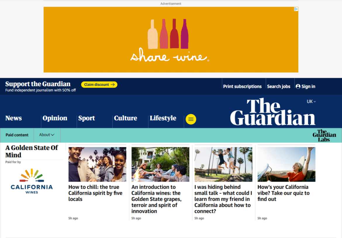 California Wine Brings ‘Golden State of Mind’ to the UK in Guardian Labs Partnership