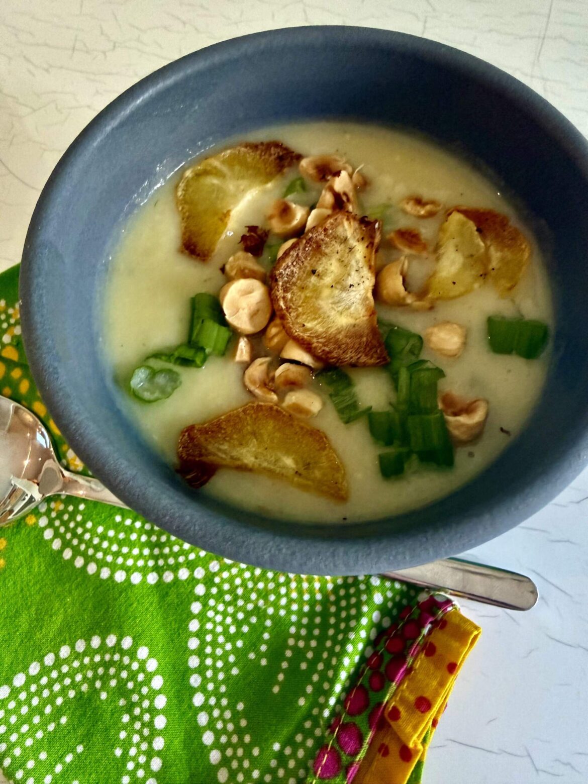 Parsnip and leek soup with parsnip chips. (Kathy Gunst/Here & Now)