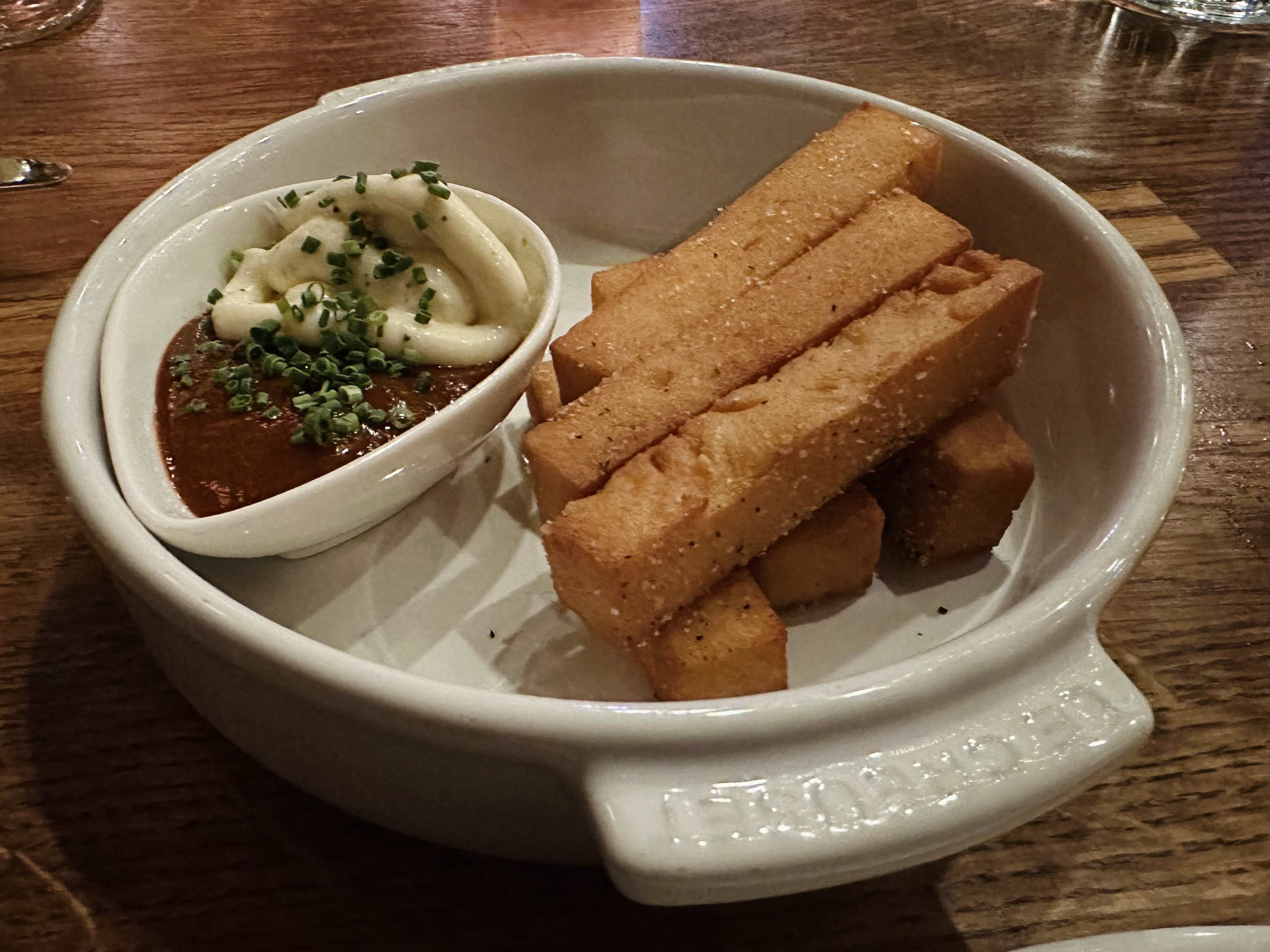 panisse with creme fraiche and harissa