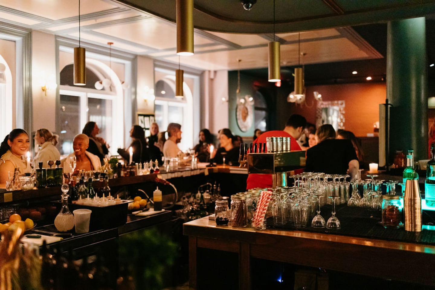 Inside of Marquis Lounge, a new French and New Orleans-inspired restaurant that opened in February 2026 in Portland, Maine.