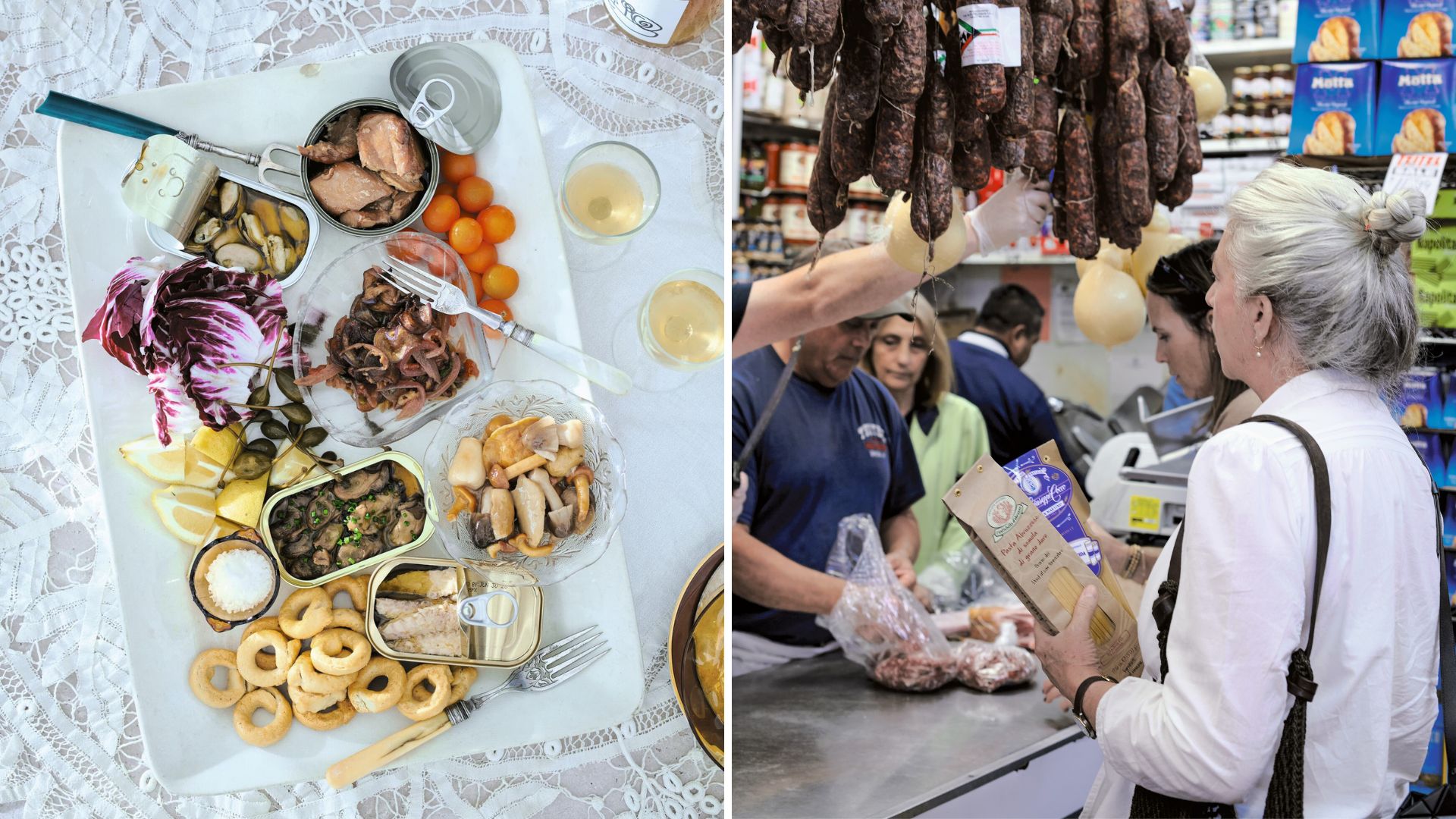 An antipasti board and Lucinda Scala Quinn shopping at a market