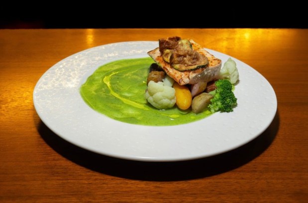 Salmone alla Nerano, wild Alaskan salmon, in an bed of zucchini vellutata and garden vegetables. Serving modern Italian food with tableside entertainment, Taverna Sorrentina is now open in Danville. (Photo by Sam Faleafine)