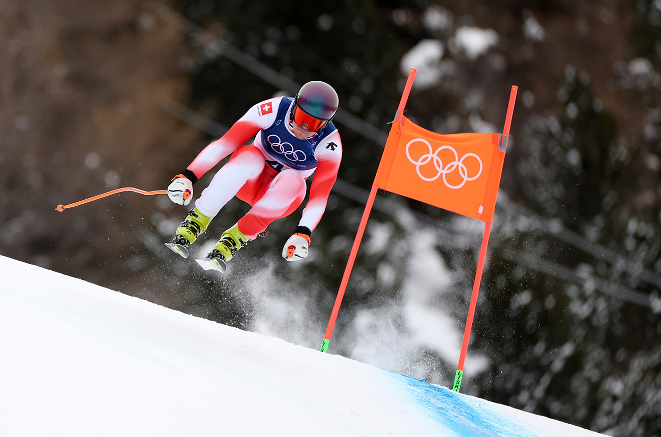Stefan Rogentin of Team Switzerland skis during the Men's Downhill training on day minus two of the Milano Cortina 2026 Winter Olympics GettyImages-2259842914