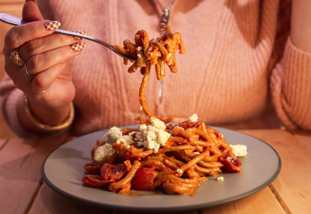 The Dirty Martini Bucatini is on the menu at Boombots Pasta Shop, which opened in Nov. 2025 in Denver. (Provided by Boombots Pasta Shop)