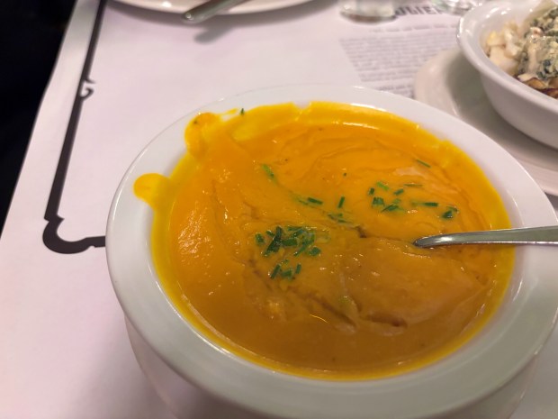 Cream of pumpkin soup with squash oil is one of the dishes at Bouillon Julien. (Janet Podolak - For The News-Herald)