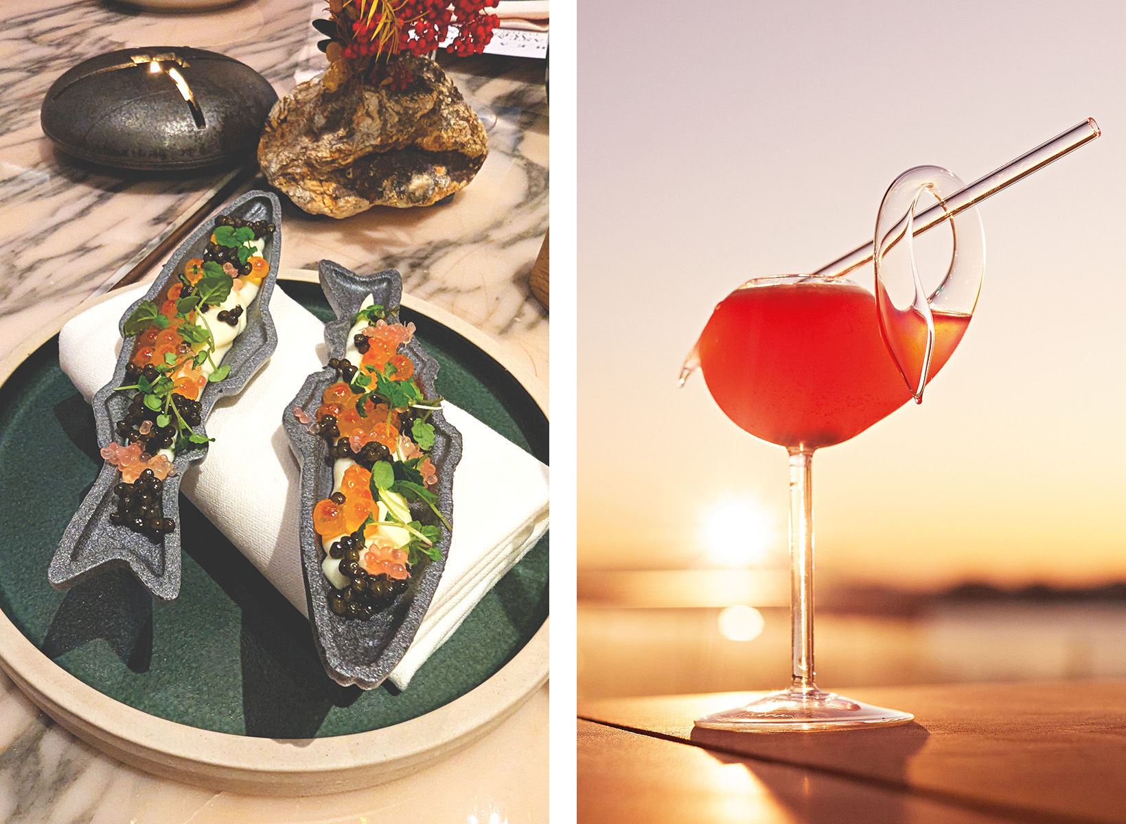 <B>FROM LEFT:</B> So many local fish eggs I Photo by Jeninne Lee-St. John; A sunset drink l Courtesy of The Ritz-Carlton, Perth