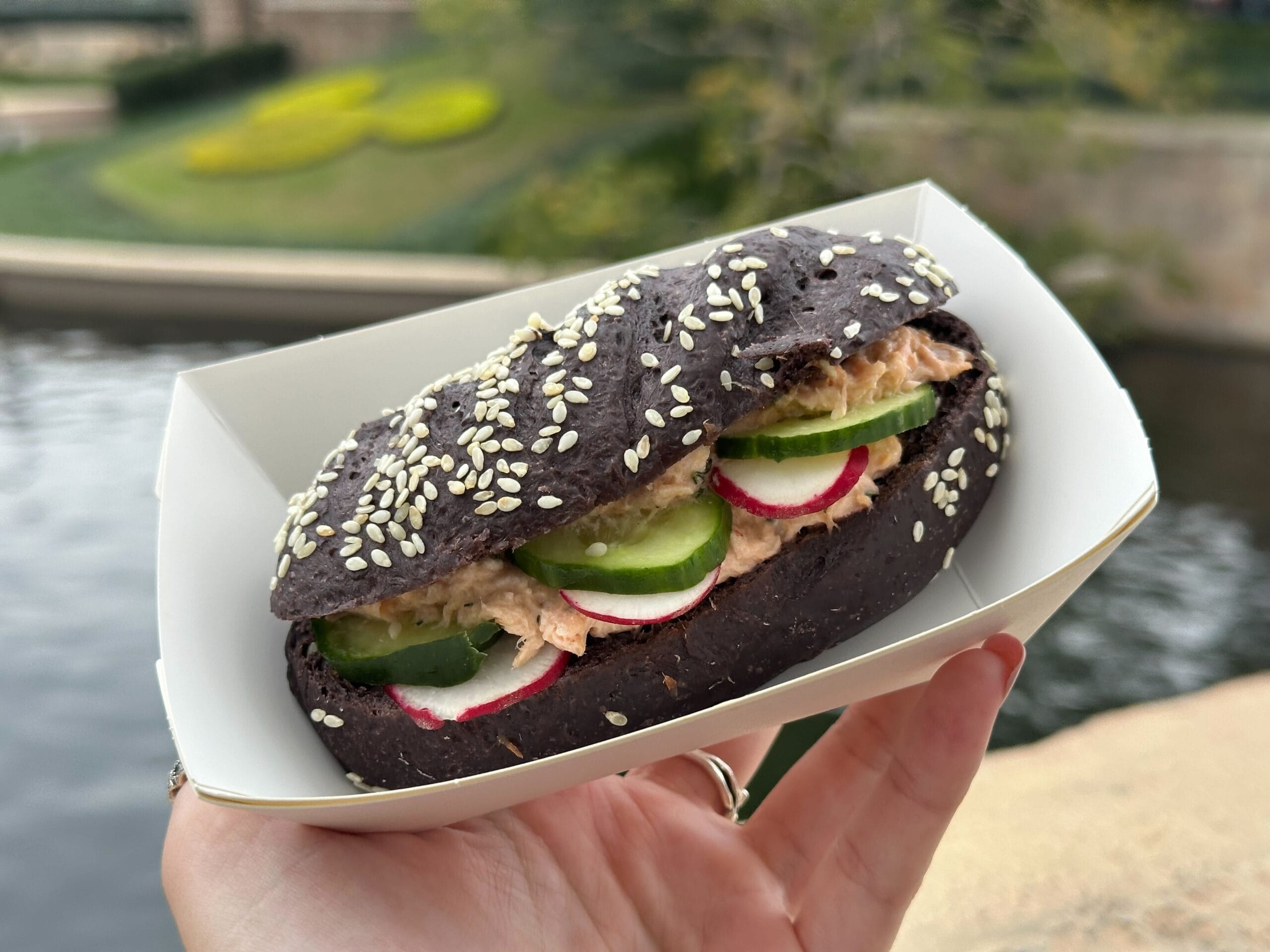 At the EPCOT International Festival of the Holidays, a person enjoys a black sesame seed bun sandwich filled with tuna, cucumber slices, and radishes in a white paper tray by the river, surrounded by a lush green landscape.