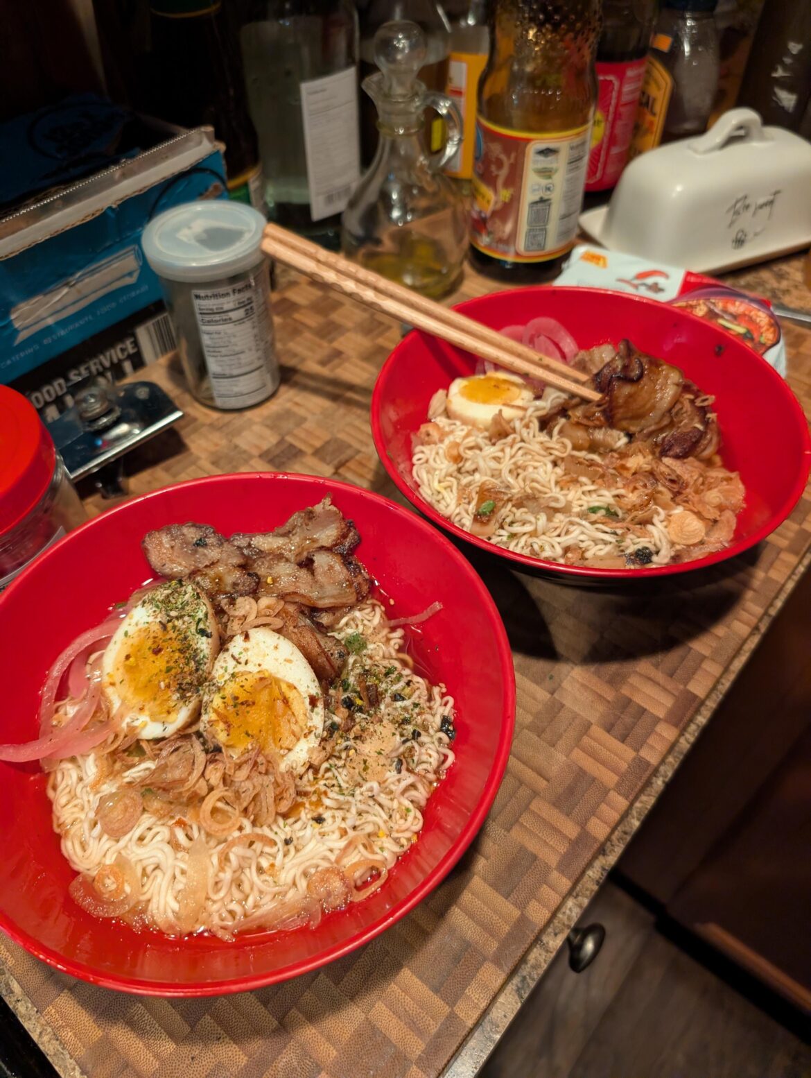 Pork belly, lion's mane mushroom, Chashu style braising broth pickled onion, boiled egg, fried shallots