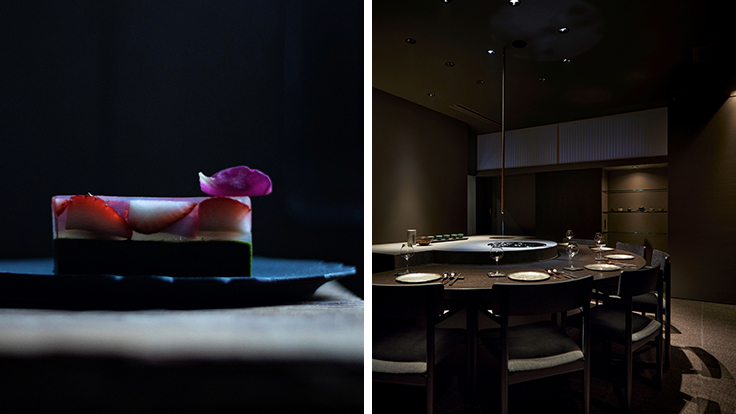 Strawberry yokan that keeps the fruit’s natural shape while building up layers of aroma (left). The low entrance and encircling seating recall elements of a traditional Japanese tea room.(right).  © VERT