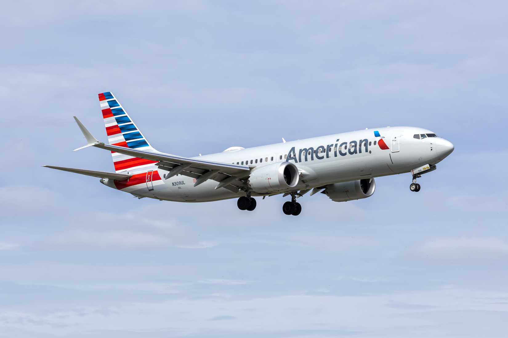 American Airlines Boeing 737-8 MAX airplane at Miami airport in the United States.