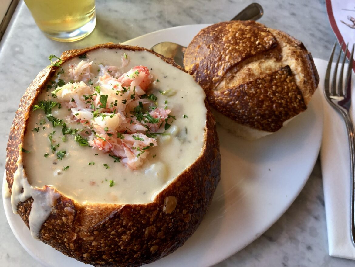 [OC] Crab Topped Clam Chowder in Sourdough Bread Bowl