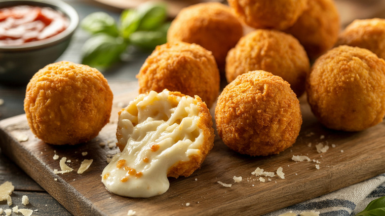 Several arancini on a cutting board with one torn open to reveal the cheesy rice filling
