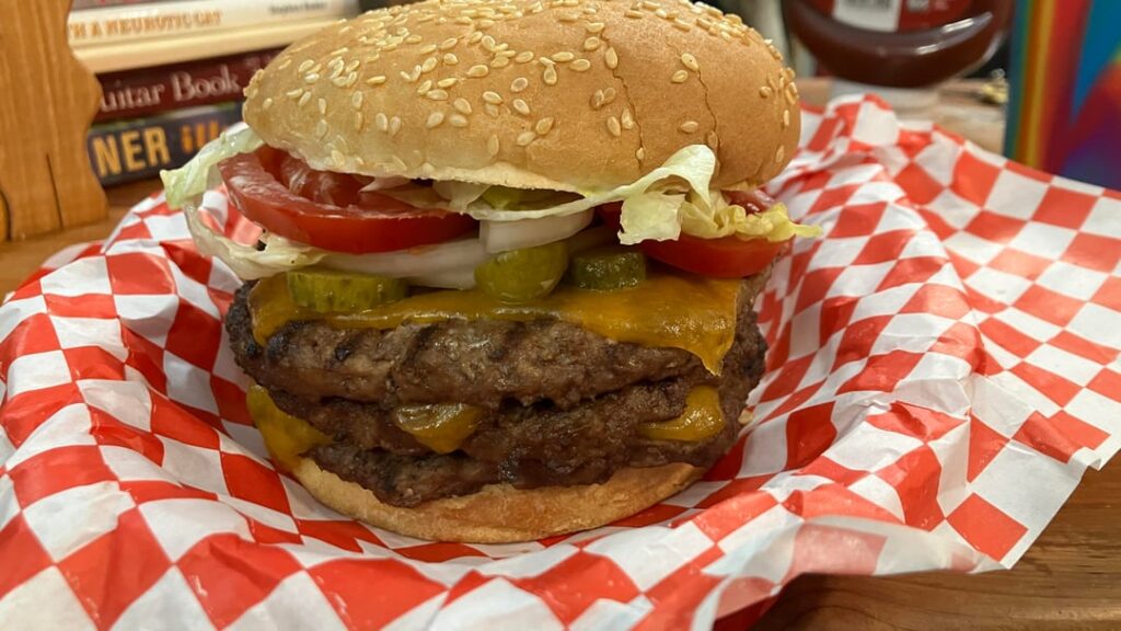 Triple Whopper assembled by me at home. The large patties from BK cost me $2.19 each. I had everything else on hand.
