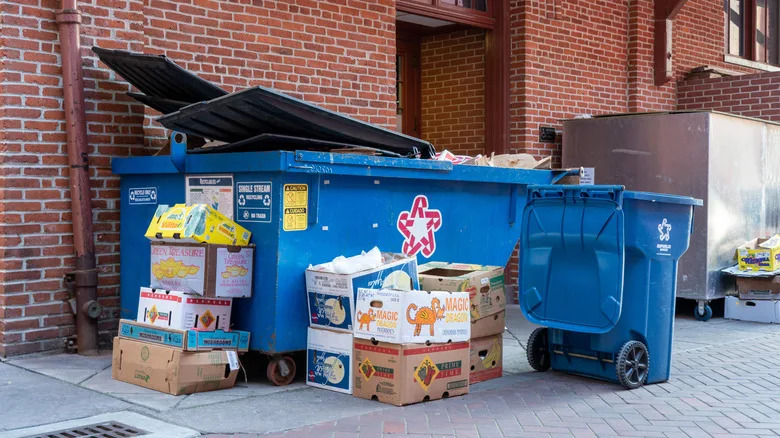 Blue dumpster and a blue trash can behind a brick building surrounded by boxes.