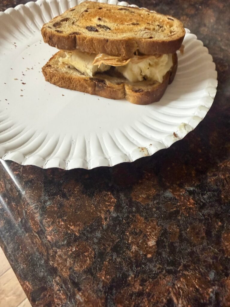 Peanut butter banana sandwich on cinnamon raisin swirl bread🔥