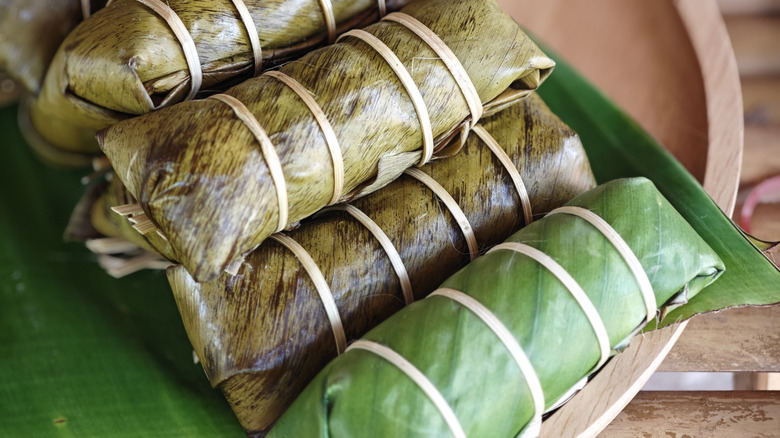 Food wrapped in banana leaves