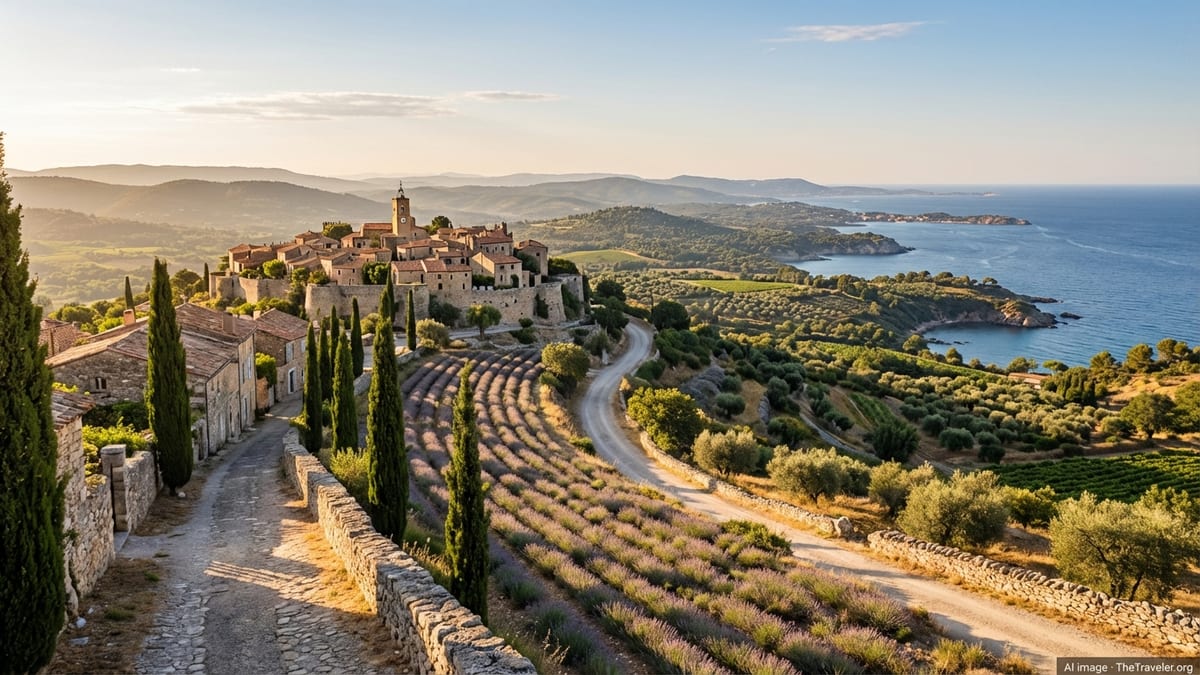 Provençal hilltop village with lavender fields leading to the distant Mediterranean coast.
