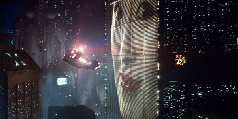 A futuristic city at night in Blade Runner