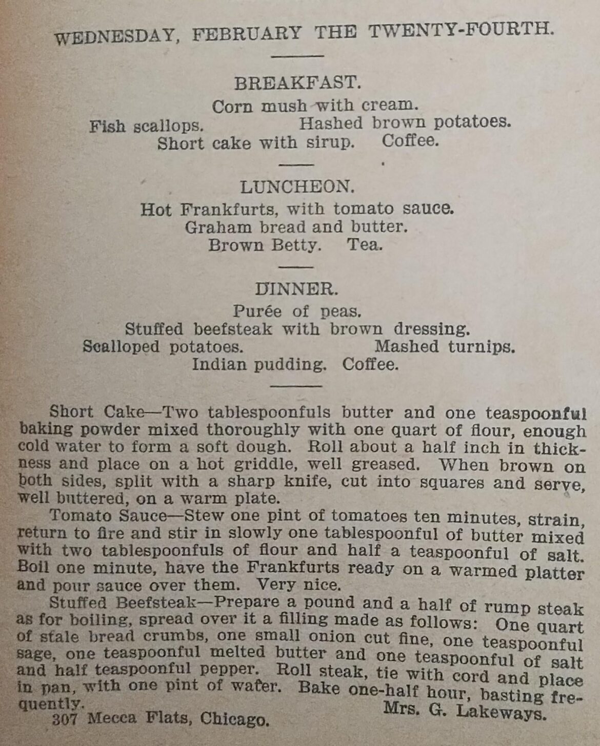 Menu for February 24th 1896